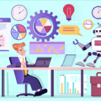 A cheerful cartoon-style office scene with a smiling professional sitting at a desk using a laptop. Next to them, a friendly cartoon AI robot assistant is multitasking—handling emails, charts, calendar, and documents in the air. The background includes productivity icons like lightbulbs, gears, clocks, and digital graphs. Style is colorful, flat cartoon with clean lines and expressive characters. The mood should feel energetic, smart, and supportive.