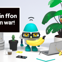 A 3D cartoon-style robot wearing oversized glasses and sipping coffee at a messy desk full of bananas instead of office supplies. The robot looks confused while staring at a monitor displaying the message: ‘404: Brain Not Found’. Behind it, another mini-robot is trying to plug a giant USB stick into a potted plant. The scene is colorful, playful, and exaggerated — with round, expressive robot faces and a bright tech-inspired background. Style similar to Pixar or DreamWorks with soft lighting and vibrant colors.