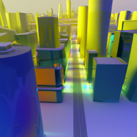 Generate a cityscape image featuring a bustling, futuristic metropolis with towering skyscrapers with unique, intricate designs. Capture a vibrant, high-tech urban environment with holographic billboards lighting the city skyline and the streets below.