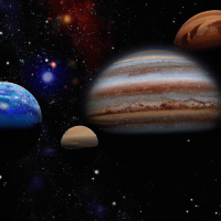 Generate an image featuring celestial bodies in the vastness of space. Include planets, stars, and galaxies to create a captivating cosmic scene.