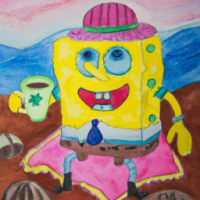 SpongeBob SquarePants déguisé en facteur buvant une tasse de café dans une scène à flanc de montagne, aquarelles de 5 ans