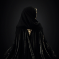 “A cinematic and elegant scene featuring a young woman wearing a beautiful, flowing abaya. The shot is captured from the back, with her face not visible, creating a sense of mystery and grace. A gentle breeze causes the abaya to softly sway and ripple in slow motion. The background is dark and moody, with subtle soft lighting outlining her silhouette. The atmosphere feels calm, spiritual, and sophisticated. Professional cinematic lighting, shallow depth of field, high-quality visuals, smooth camera movement, and a serene, aesthetic mood.”