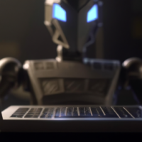 Ultra realistic futuristic artificial intelligence robot working on laptop, glowing hologram screens, dramatic lighting, cinematic, 8K, sharp focus, high detail, YouTube thumbnail style, vibrant colors